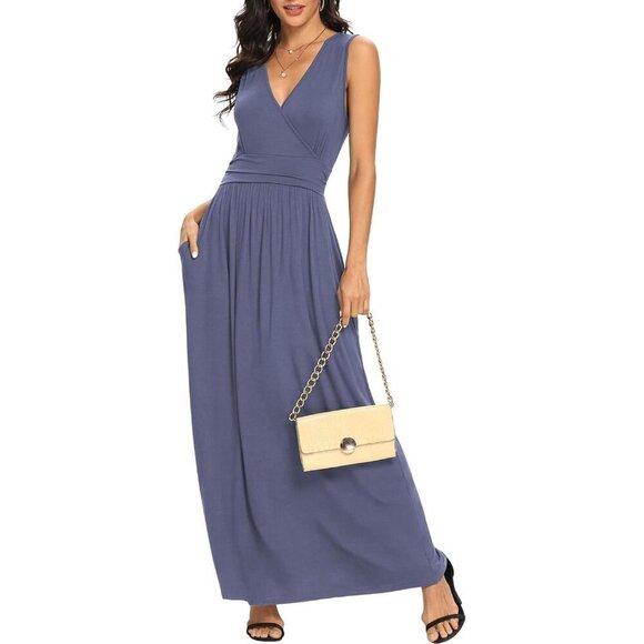 Dresses & Skirts - Women Purple Grey Deep V Neck Sleeveless Loose Plain Long Maxi Stretchy Dress